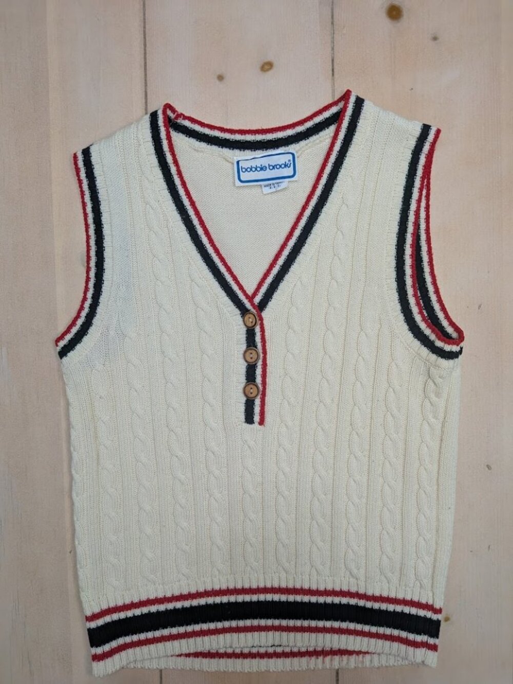 Vintage Bobbie Brooks Women's Cable Knit Sweater Vest M Cream Red Black Preppy